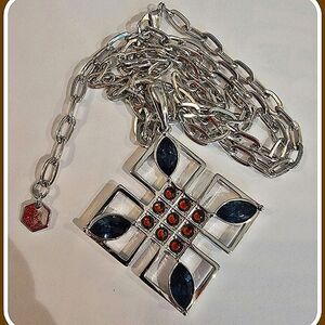 #Touchstone Crystal Gallery Pendant Necklace Blue & Amber Crystals Rhodium #NWOT